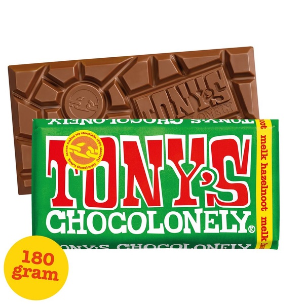 Tony's chocolonely chocoladereep melk hazelnoot voorkant