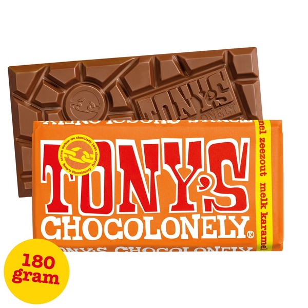 Tony's chocolonely chocoladereep melk karamel Zout achterkant