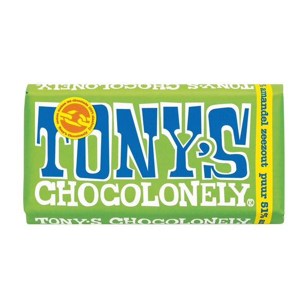 Tony's chocolonely chocoladereep puur amandel zeezout achterkant