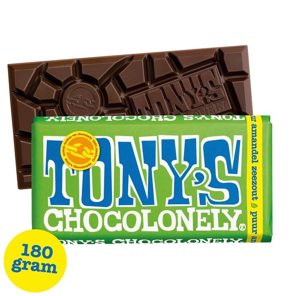 Tony's chocolonely chocoladereep puur amandel zeezout voorkant
