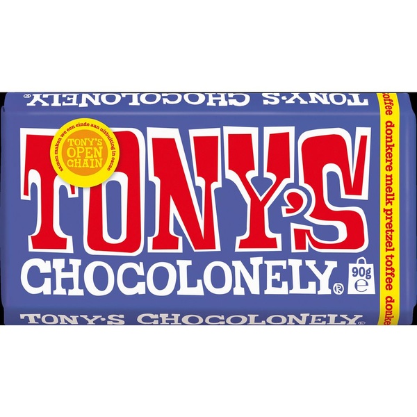 Tony's chocolonely donker melk pretzel toffee 90 gram voorkant