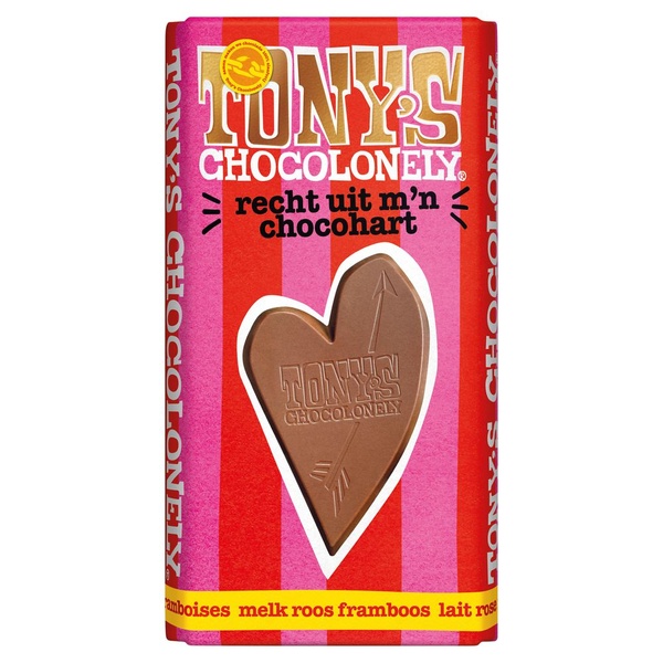 Tony's chocolonely Melk chocolade Roos Framboos voorkant