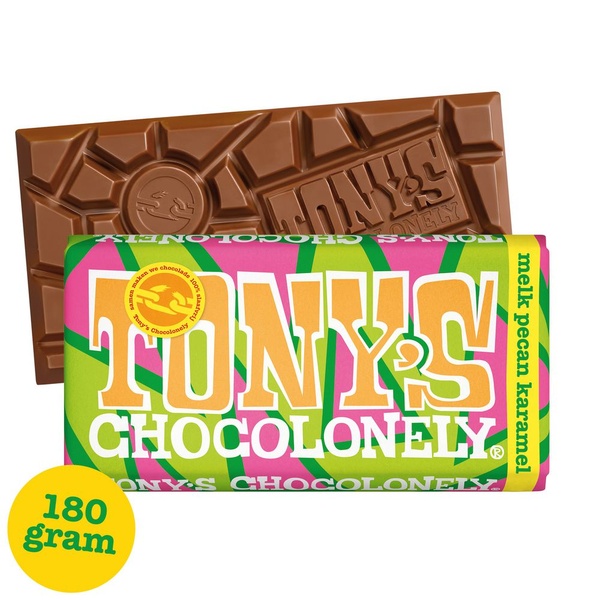 Tony's chocolonely melk pecan crunch karamel voorkant