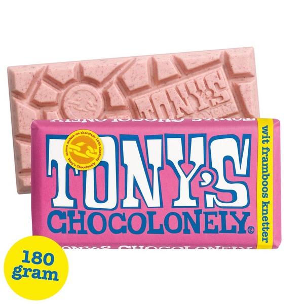 Tony's chocolonely tablet wit framboos knettersuiker voorkant