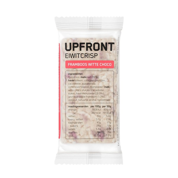Upfront eiwitreep  crisp framboos wit choco voorkant