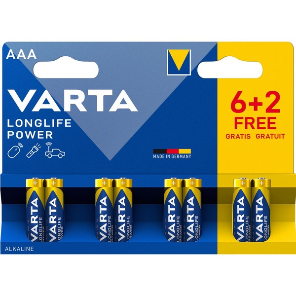 Varta longlife power AAA 6+2 gratis voorkant
