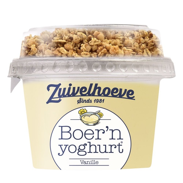 Zuivelhoeve boer'n yoghurt vanille muesli voorkant