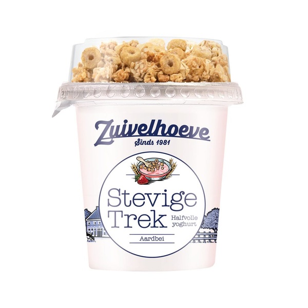 Zuivelhoeve yoghurt stevige trek aardbei voorkant