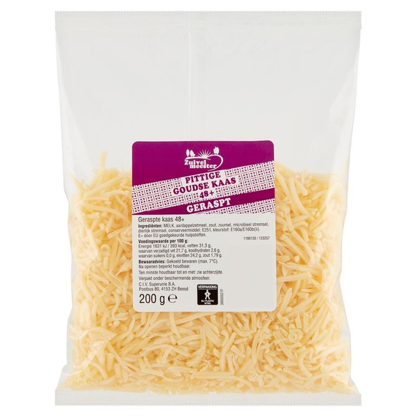 Zuivelmeester kaas geraspt pittige goudse 48+ voorkant